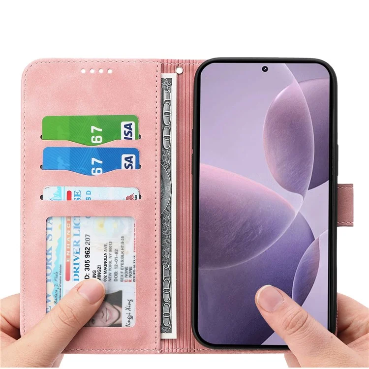 DIERFENG DF-03 für Xiaomi Poco F6 Pro 5G / Redmi K70 5G / K70 Pro 5G Wallet Phone Case Lederabdeckung Linien geprägt - Pink