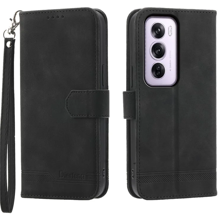 DIERFENG DF-03 Pour Oppo Reno12 Pro 5G (Global) Etui Portefeuille Lignes Impression Cuir Support Housse de Téléphone - Noir