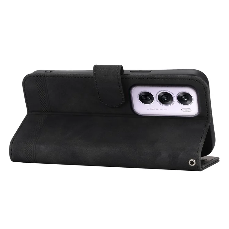 DIERFENG DF-03 Pour Oppo Reno12 Pro 5G (Global) Etui Portefeuille Lignes Impression Cuir Support Housse de Téléphone - Noir