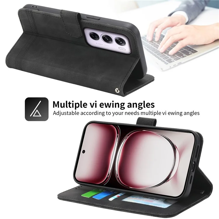DIERFENG DF-03 Pour Oppo Reno12 Pro 5G (Global) Etui Portefeuille Lignes Impression Cuir Support Housse de Téléphone - Noir