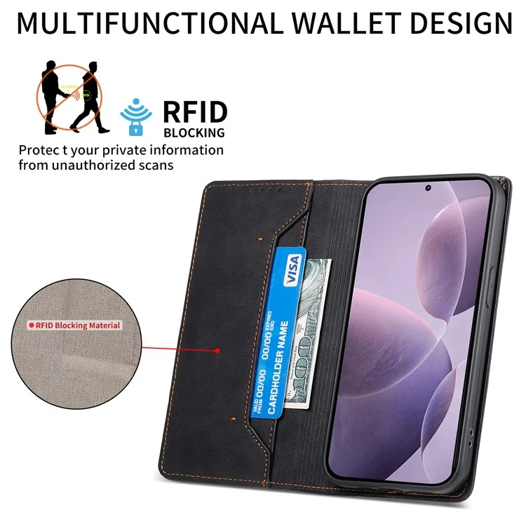 DF-05 For Xiaomi Poco F6 Pro 5G / Redmi K70 5G / K70 Pro 5G Caso com Bloqueio RFID Capa de Couro PU - Preto