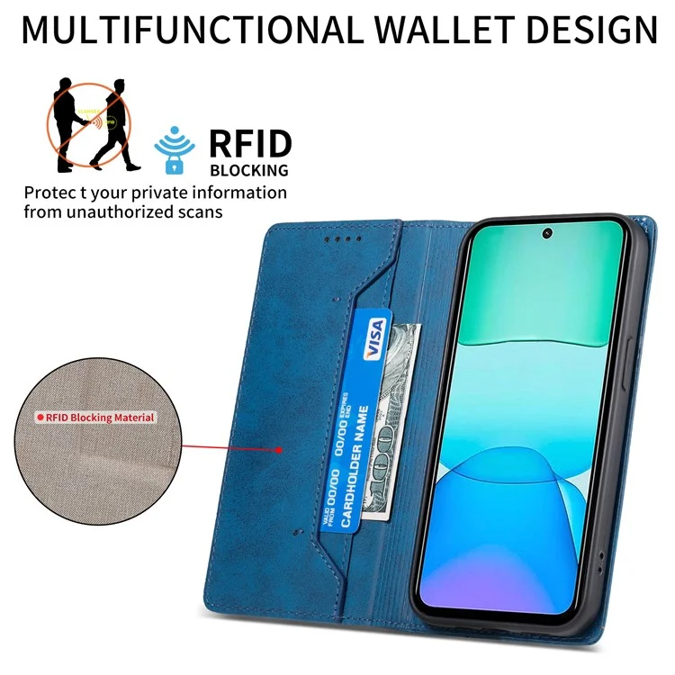 DF-05 Para Xiaomi Redmi 13 4G / 5G / Note 13R 5G / Poco M6 4G Capa RFID Blocking Leather Phone Shell - Azul