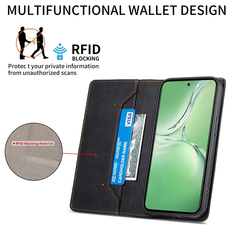 Capa carteira de couro PU com bloqueio RFID para Oppo K12 / OnePlus Nord CE4 5G - Preto