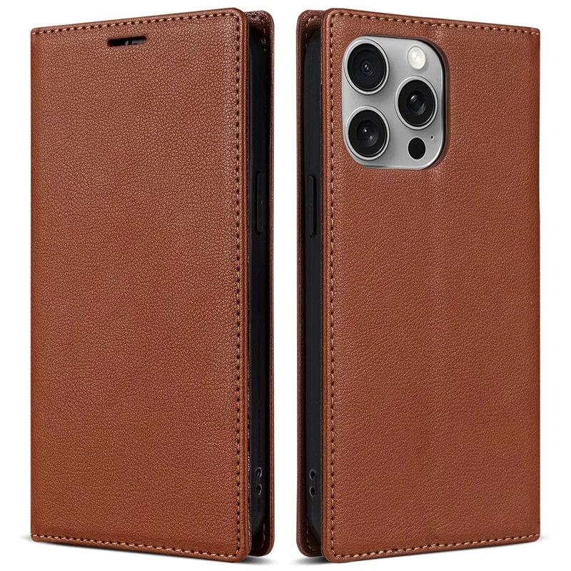 BKS-001 For iPhone 16 Pro Max Case PU Leather Phone Cover Magnetic Closure - Brown
