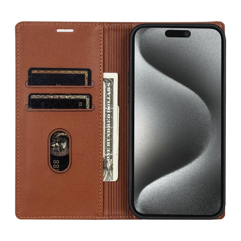 BKS-001 For iPhone 16 Pro Max Case PU Leather Phone Cover Magnetic Closure - Brown