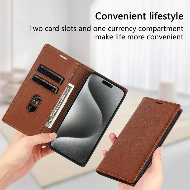 BKS-001 For iPhone 16 Pro Max Case PU Leather Phone Cover Magnetic Closure - Brown
