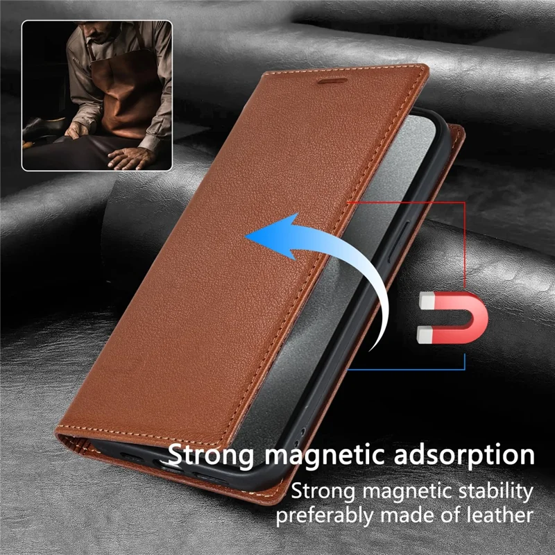 BKS-001 For iPhone 16 Pro Max Case PU Leather Phone Cover Magnetic Closure - Brown