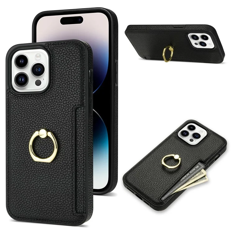 Per iPhone 16 Pro Max Kickstand Case PU+TPU Card Holder Phone Cover - Nero