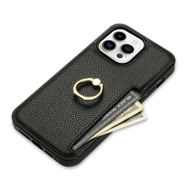 Per iPhone 16 Pro Max Kickstand Case PU+TPU Card Holder Phone Cover - Nero