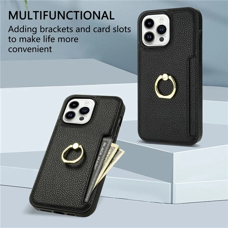 Per iPhone 16 Pro Max Kickstand Case PU+TPU Card Holder Phone Cover - Nero
