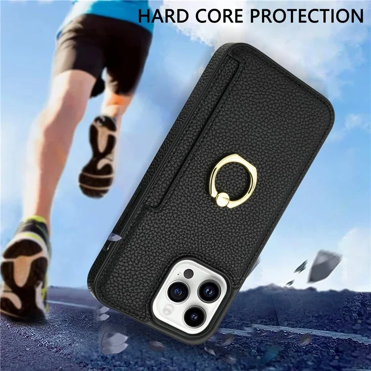Per iPhone 16 Pro Max Kickstand Case PU+TPU Card Holder Phone Cover - Nero