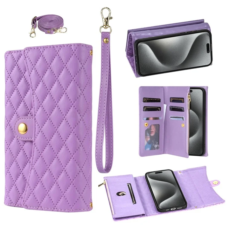 BKS-002 For iPhone 16 Pro Max Stand Case PU Leather Wallet Purse Phone Cover with Shoulder Strap - Purple