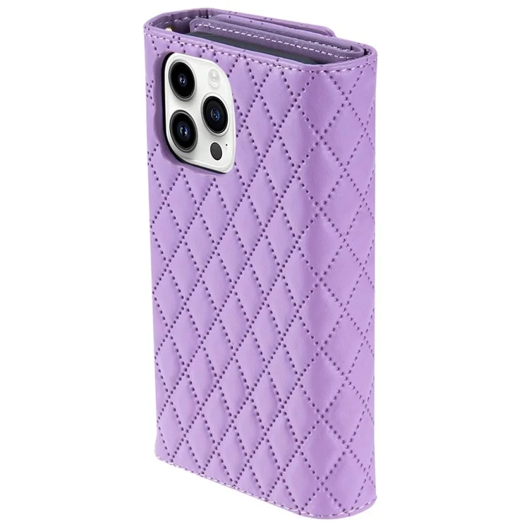 BKS-002 For iPhone 16 Pro Max Stand Case PU Leather Wallet Purse Phone Cover with Shoulder Strap - Purple