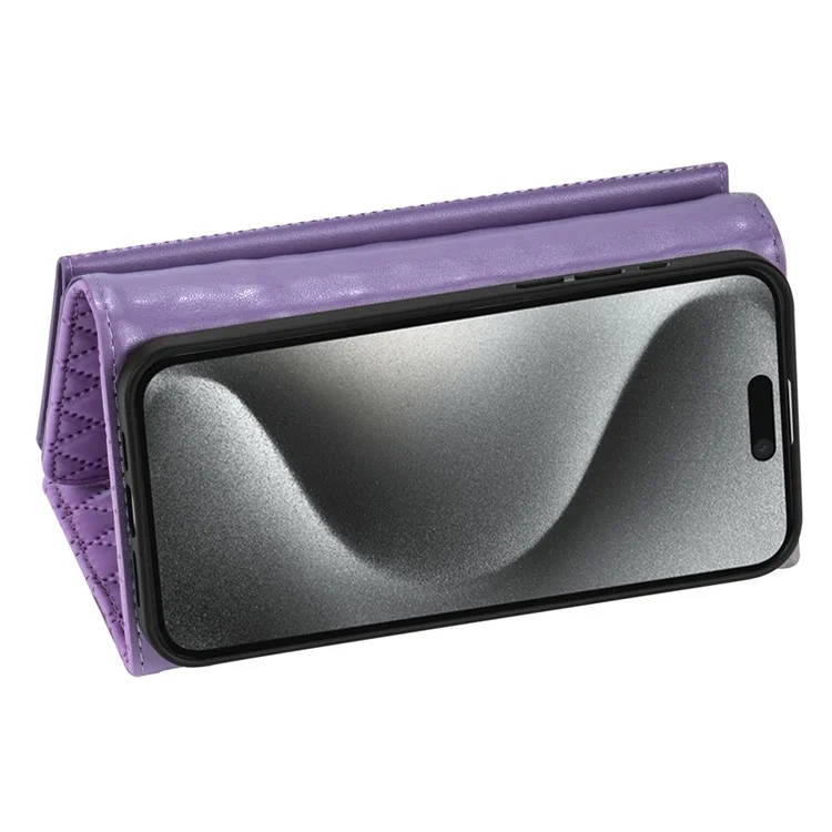 BKS-002 For iPhone 16 Pro Max Stand Case PU Leather Wallet Purse Phone Cover with Shoulder Strap - Purple