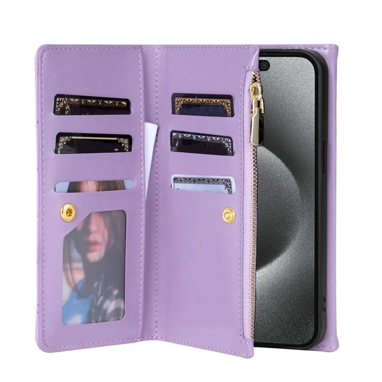 BKS-002 For iPhone 16 Pro Max Stand Case PU Leather Wallet Purse Phone Cover with Shoulder Strap - Purple
