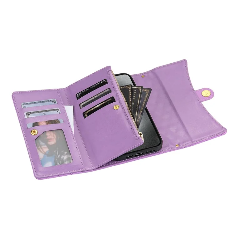 BKS-002 For iPhone 16 Pro Max Stand Case PU Leather Wallet Purse Phone Cover with Shoulder Strap - Purple