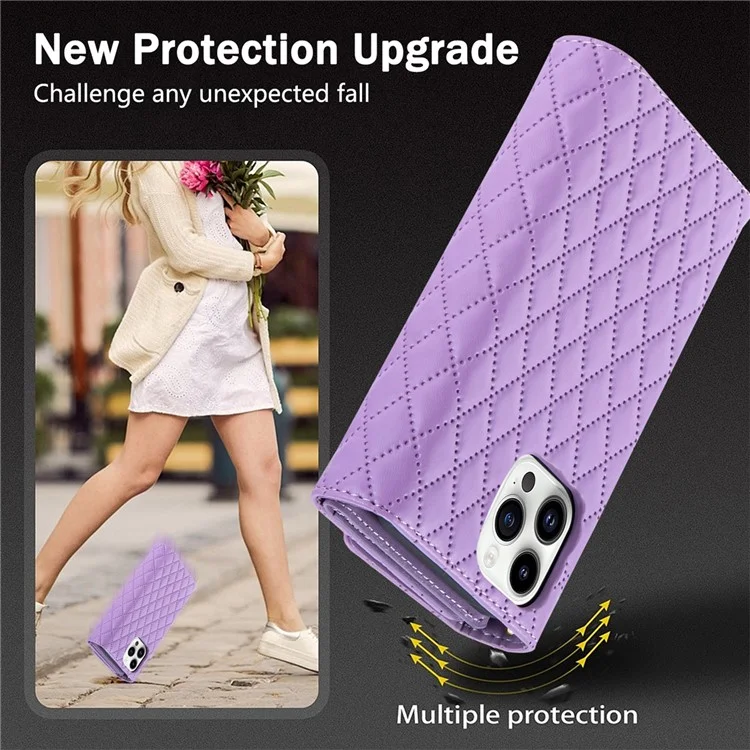 BKS-002 For iPhone 16 Pro Max Stand Case PU Leather Wallet Purse Phone Cover with Shoulder Strap - Purple