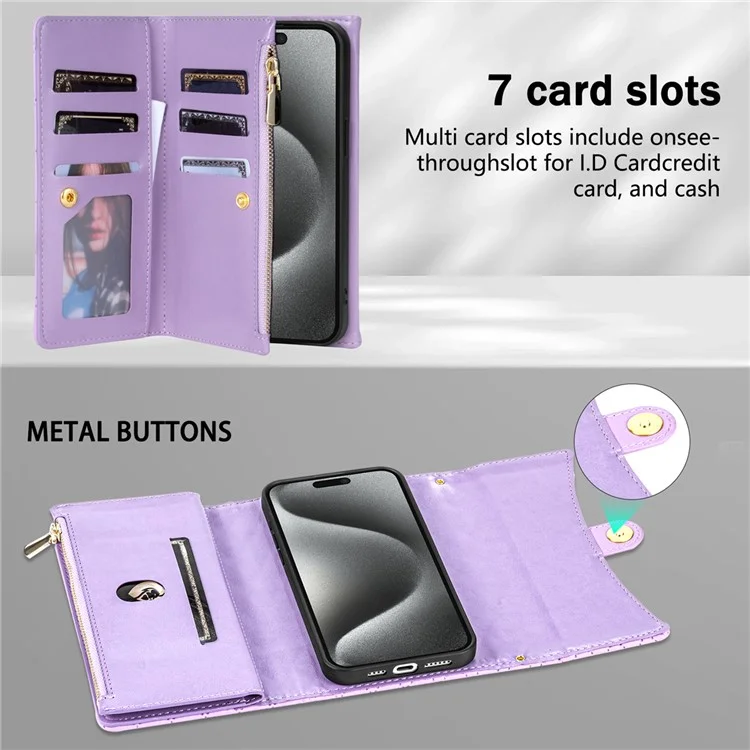 BKS-002 For iPhone 16 Pro Max Stand Case PU Leather Wallet Purse Phone Cover with Shoulder Strap - Purple
