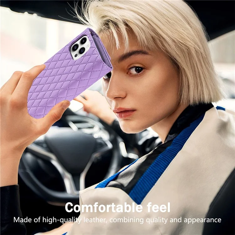 BKS-002 For iPhone 16 Pro Max Stand Case PU Leather Wallet Purse Phone Cover with Shoulder Strap - Purple