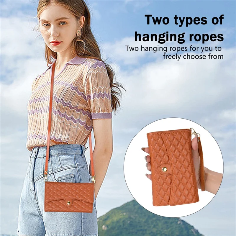 BKS-002 For iPhone 16 Pro Wallet Case PU Leather Stand Phone Cover with Shoulder Strap - Brown