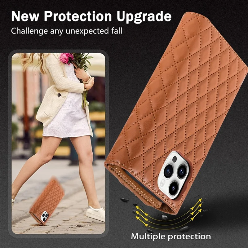 BKS-002 For iPhone 16 Pro Wallet Case PU Leather Stand Phone Cover with Shoulder Strap - Brown