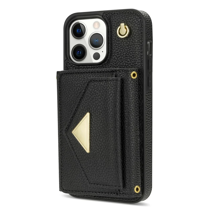 For iPhone 16 Pro Case Card Holder Leather+TPU Cell Phone Cover with Long Strap - Black