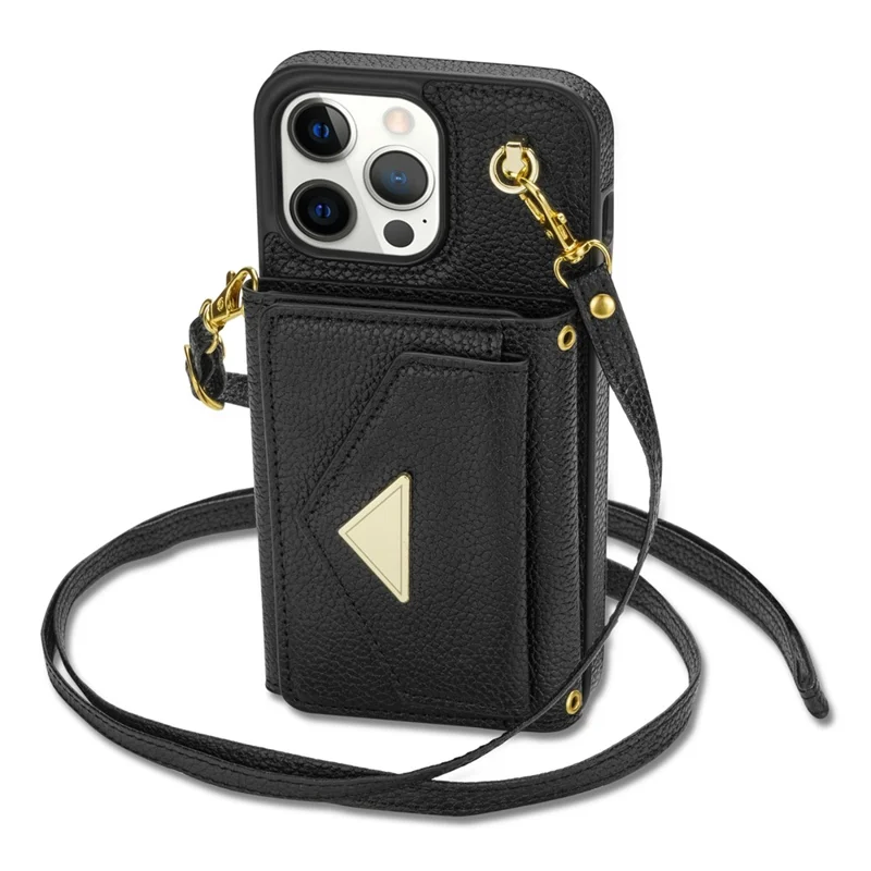 For iPhone 16 Pro Case Card Holder Leather+TPU Cell Phone Cover with Long Strap - Black