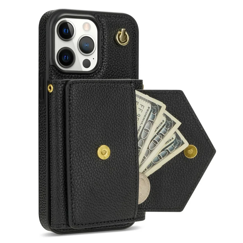 For iPhone 16 Pro Case Card Holder Leather+TPU Cell Phone Cover with Long Strap - Black