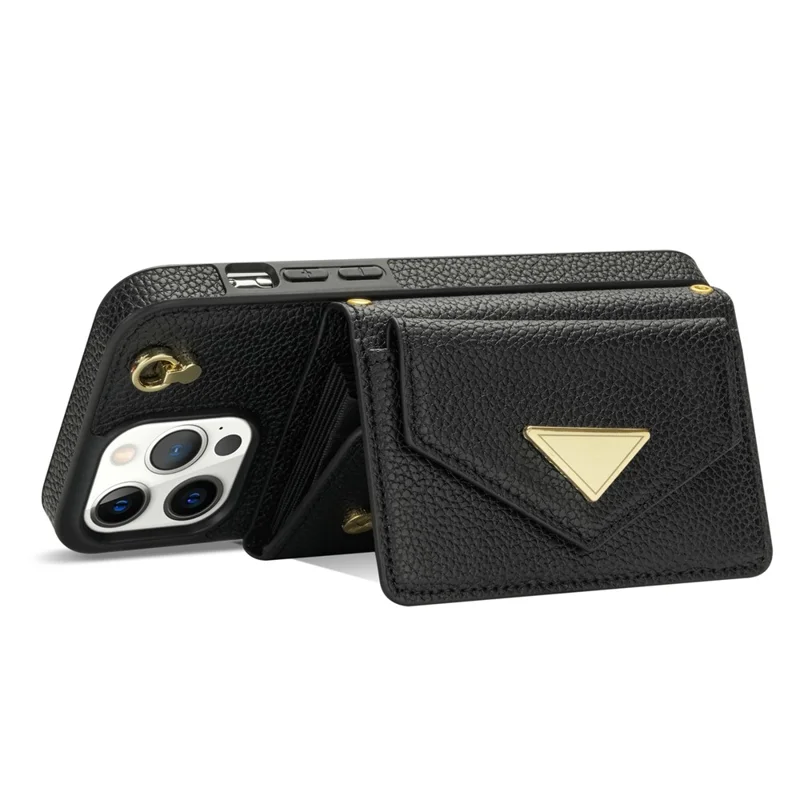 For iPhone 16 Pro Case Card Holder Leather+TPU Cell Phone Cover with Long Strap - Black