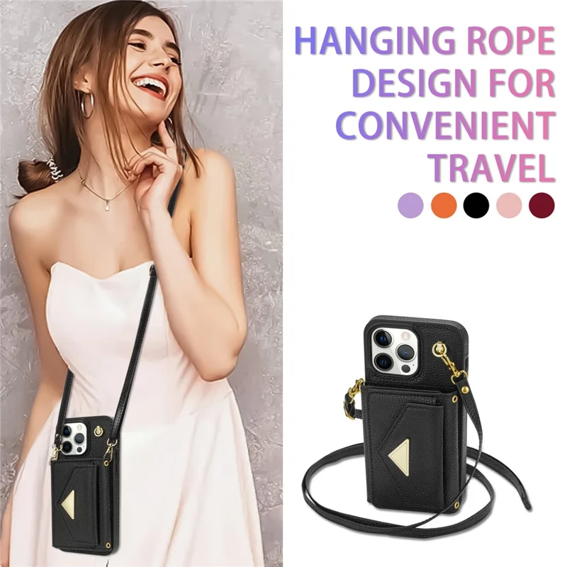 For iPhone 16 Pro Case Card Holder Leather+TPU Cell Phone Cover with Long Strap - Black