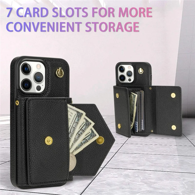 For iPhone 16 Pro Case Card Holder Leather+TPU Cell Phone Cover with Long Strap - Black