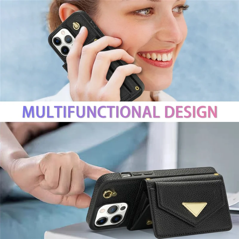 For iPhone 16 Pro Case Card Holder Leather+TPU Cell Phone Cover with Long Strap - Black