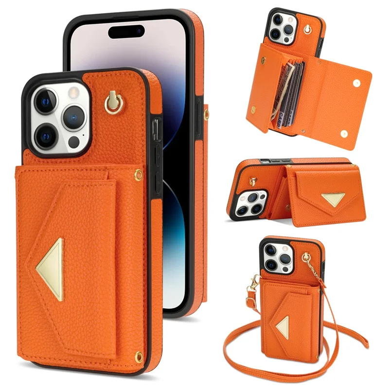 Für iPhone 16 Pro Max Case Kartenfächer PU+TPU Handyhülle mit langem Gurt - Orange
