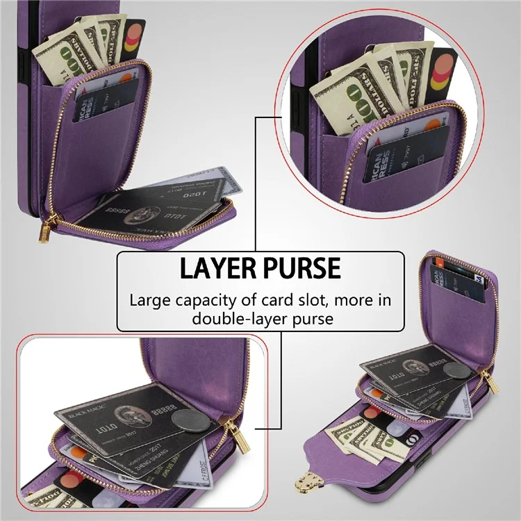 For iPhone 16 Pro Case Zipper Wallet Card Holder Leather+TPU Phone Cover with Strap - Violett