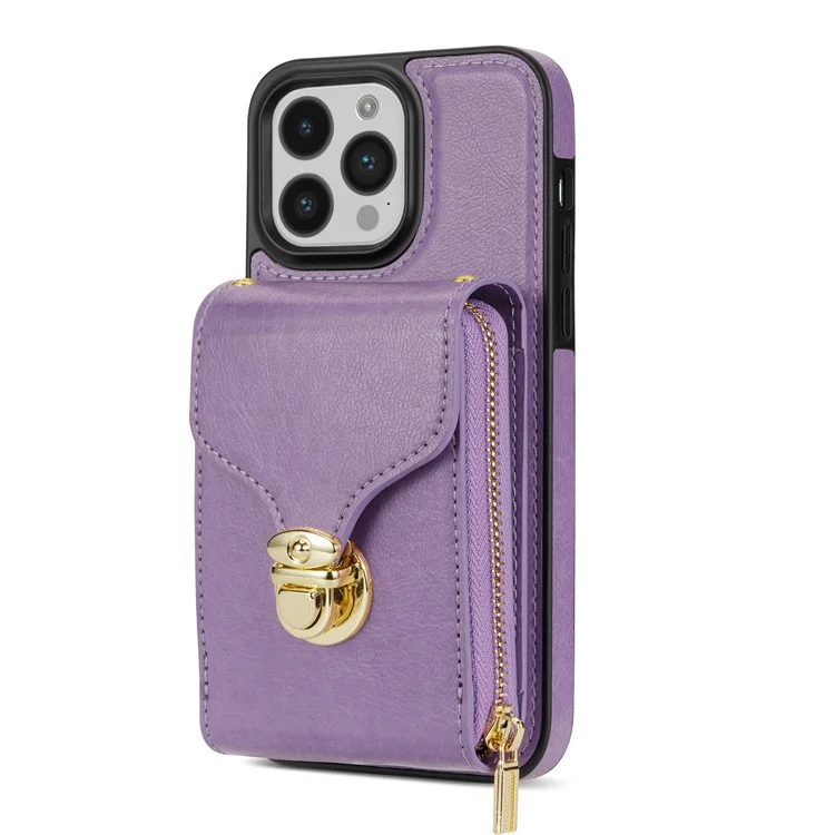 For iPhone 16 Pro Case Zipper Wallet Card Holder Leather+TPU Phone Cover with Strap - Violett