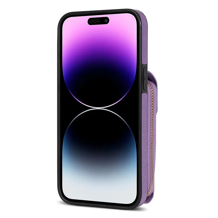 For iPhone 16 Pro Case Zipper Wallet Card Holder Leather+TPU Phone Cover with Strap - Violett