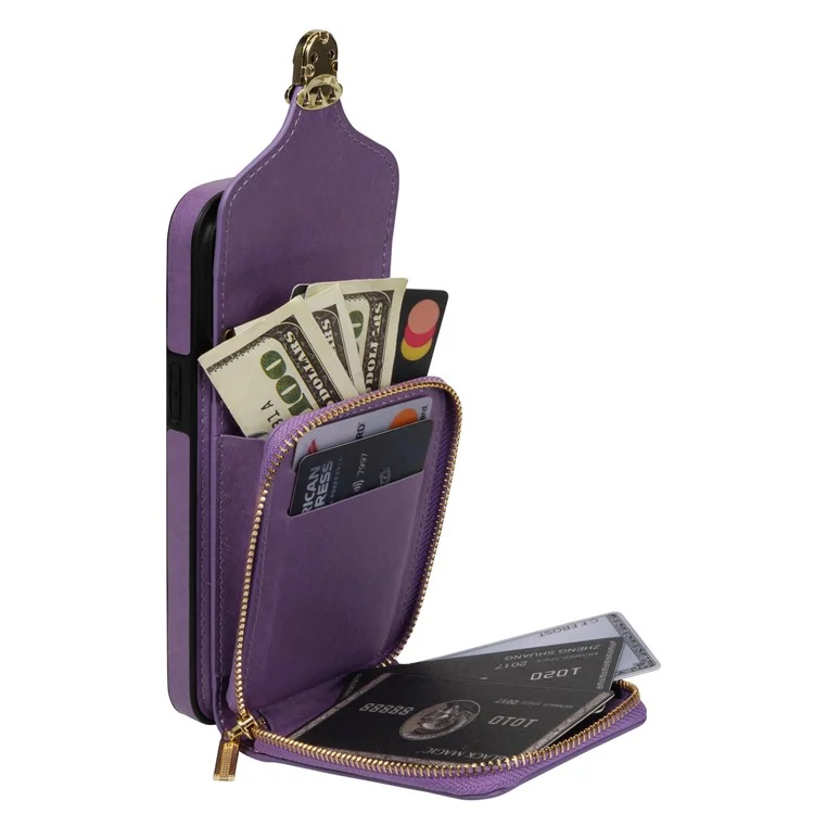 For iPhone 16 Pro Case Zipper Wallet Card Holder Leather+TPU Phone Cover with Strap - Violett