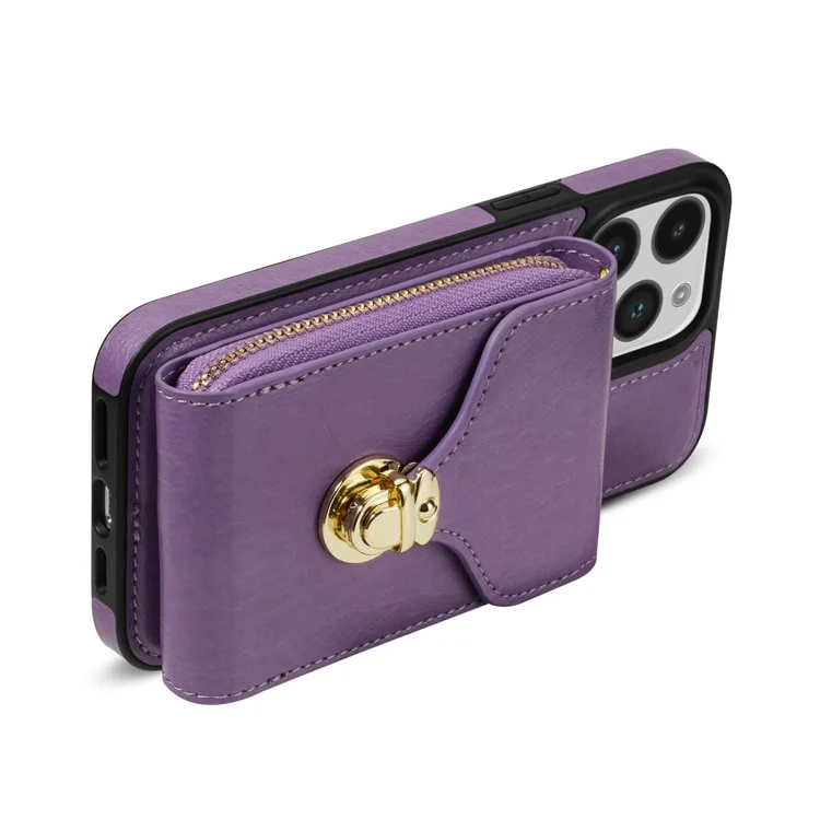 For iPhone 16 Pro Case Zipper Wallet Card Holder Leather+TPU Phone Cover with Strap - Violett