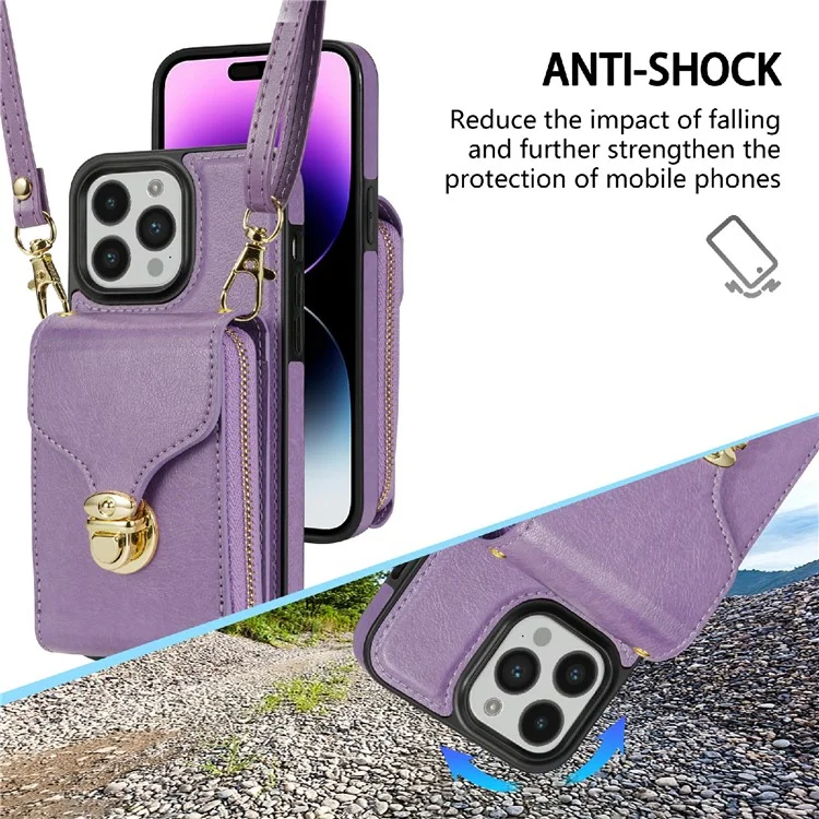 For iPhone 16 Pro Case Zipper Wallet Card Holder Leather+TPU Phone Cover with Strap - Violett