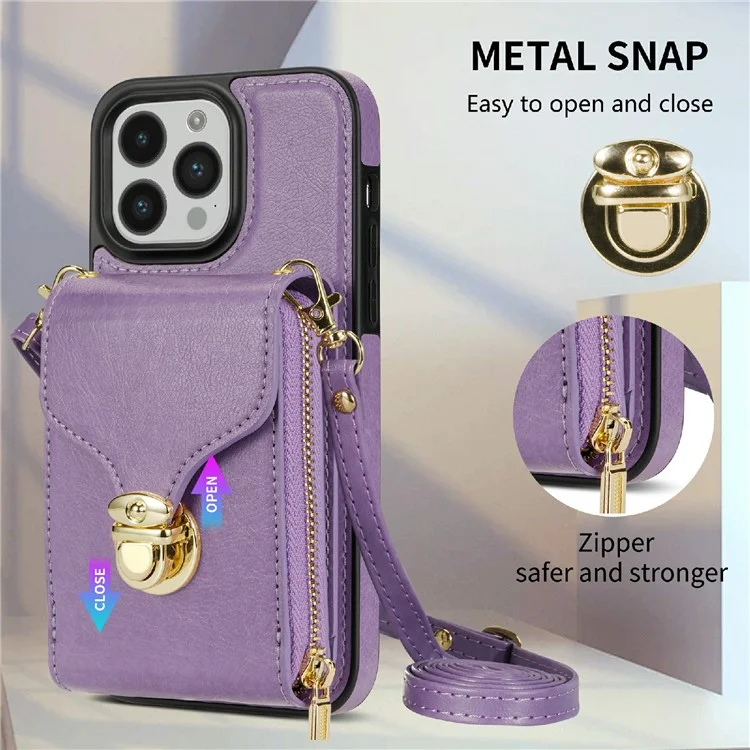 For iPhone 16 Pro Case Zipper Wallet Card Holder Leather+TPU Phone Cover with Strap - Violett