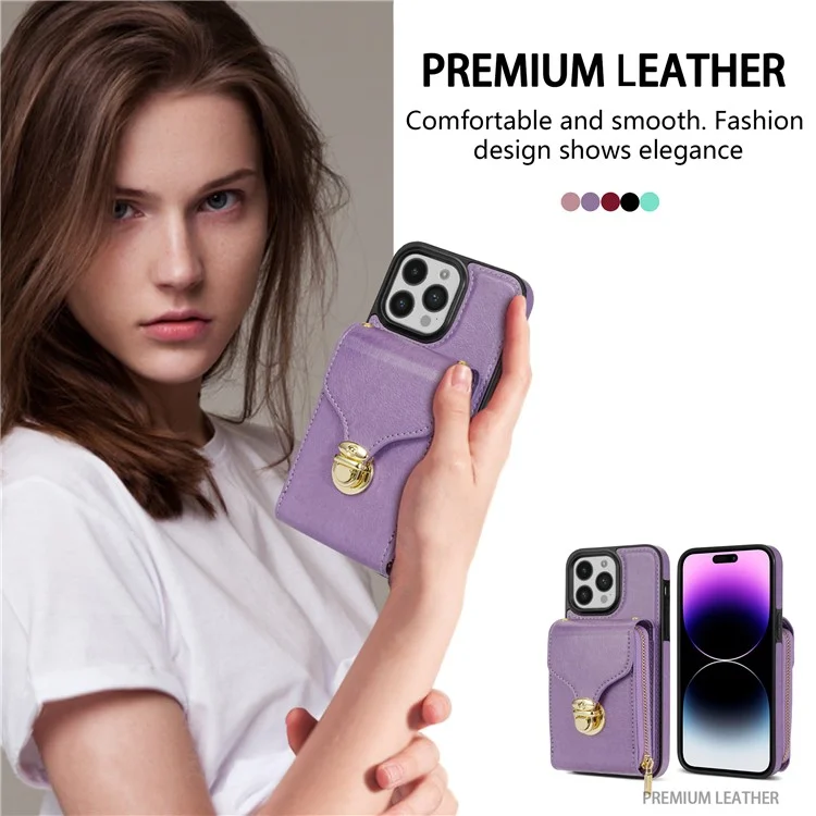 For iPhone 16 Pro Case Zipper Wallet Card Holder Leather+TPU Phone Cover with Strap - Violett