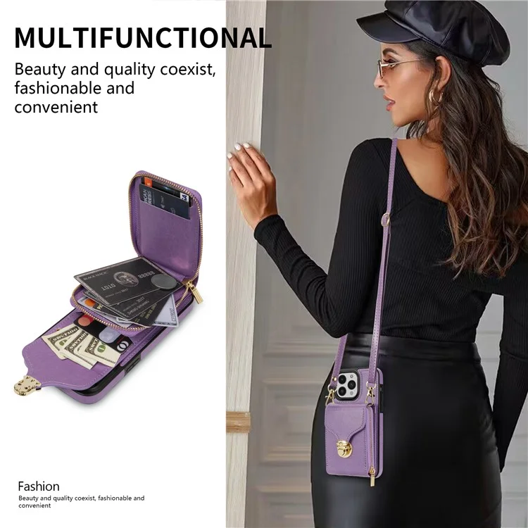 For iPhone 16 Pro Case Zipper Wallet Card Holder Leather+TPU Phone Cover with Strap - Violett