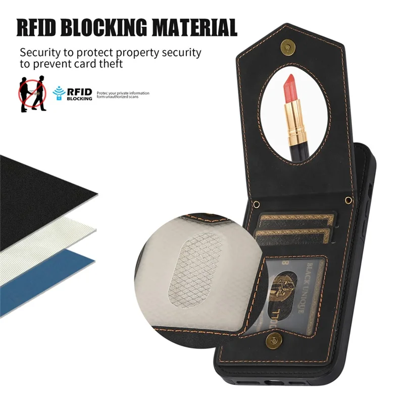 For iPhone 16 Pro Cover TPU Leather Phone Case RFID Blocking Hidden Mirror - Black