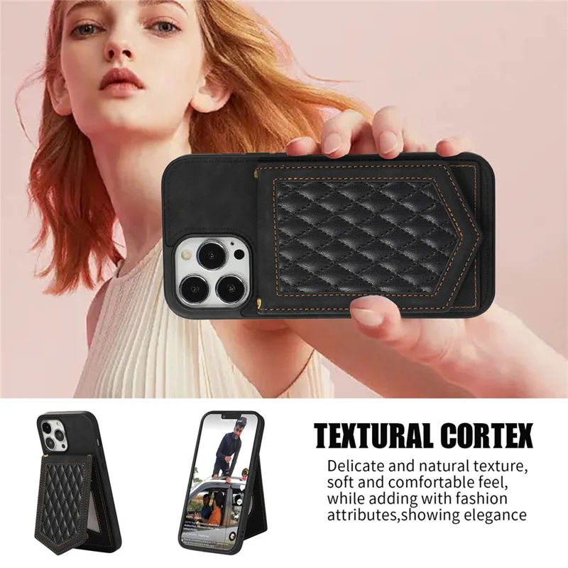 For iPhone 16 Pro Cover TPU Leather Phone Case RFID Blocking Hidden Mirror - Black
