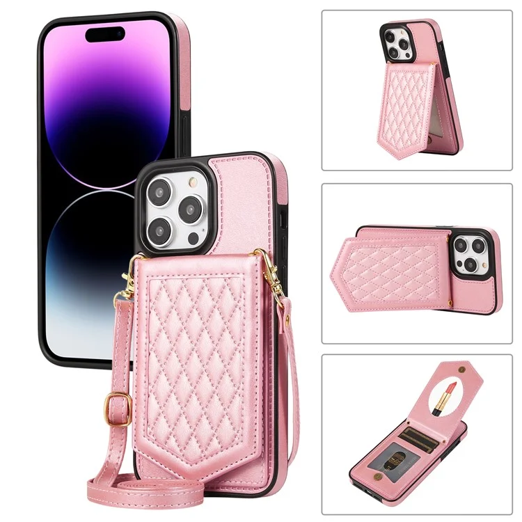 For iPhone 16 Pro Max Case RFID Blocking Hidden Mirror TPU+PU Phone Cover - Rose Gold