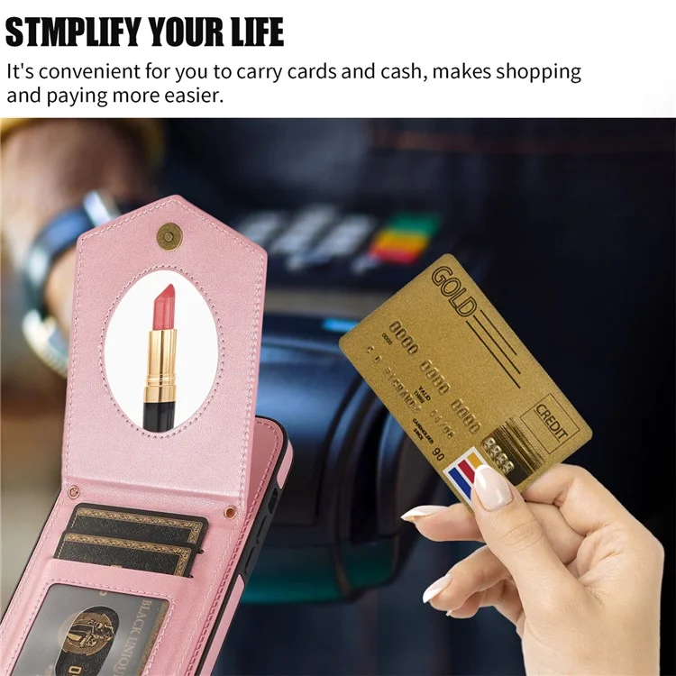 For iPhone 16 Pro Max Case RFID Blocking Hidden Mirror TPU+PU Phone Cover - Rose Gold