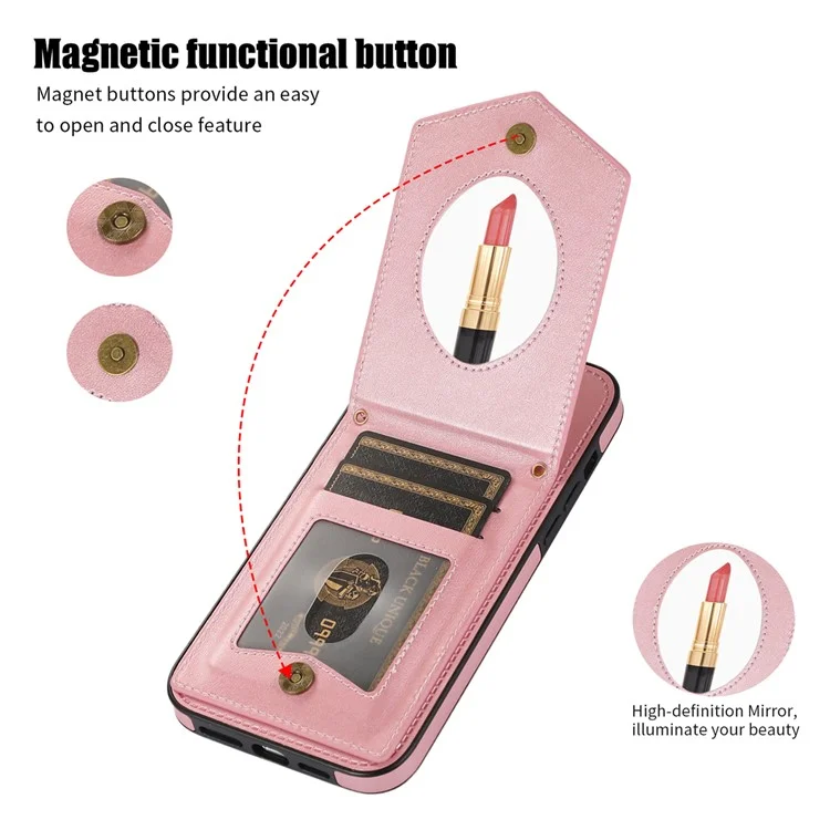 For iPhone 16 Pro Max Case RFID Blocking Hidden Mirror TPU+PU Phone Cover - Rose Gold