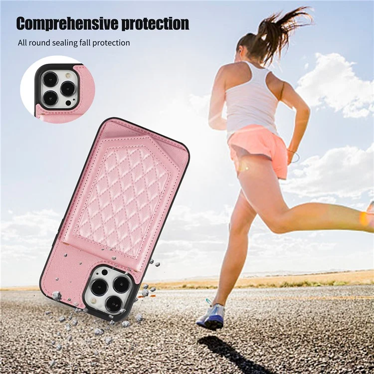 For iPhone 16 Pro Max Case RFID Blocking Hidden Mirror TPU+PU Phone Cover - Rose Gold