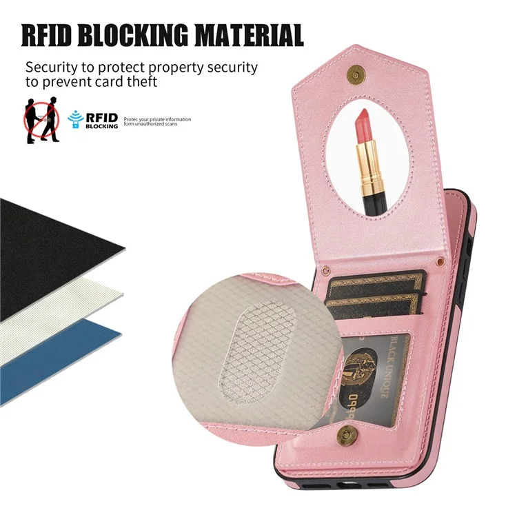 For iPhone 16 Pro Max Case RFID Blocking Hidden Mirror TPU+PU Phone Cover - Rose Gold
