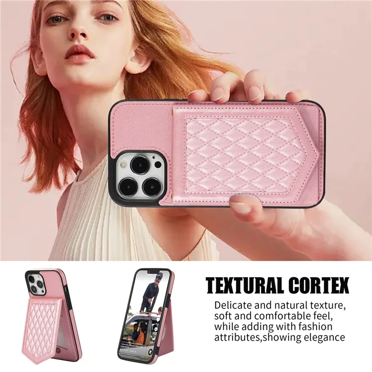 For iPhone 16 Pro Max Case RFID Blocking Hidden Mirror TPU+PU Phone Cover - Rose Gold
